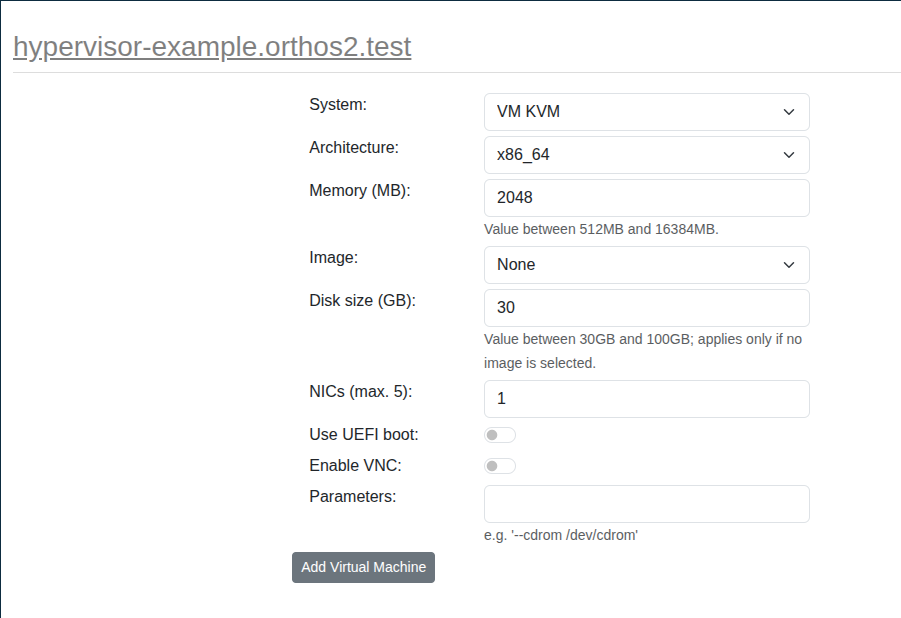 Orthos2 Add Virtual Machine Form